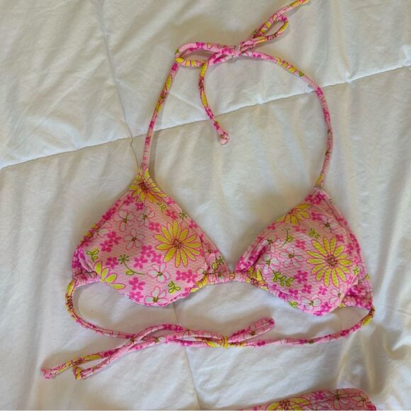 DAFFY Vintage 90s Swim Triangle Bikini, Pink & Yellow Floral - Picture 2 of 8